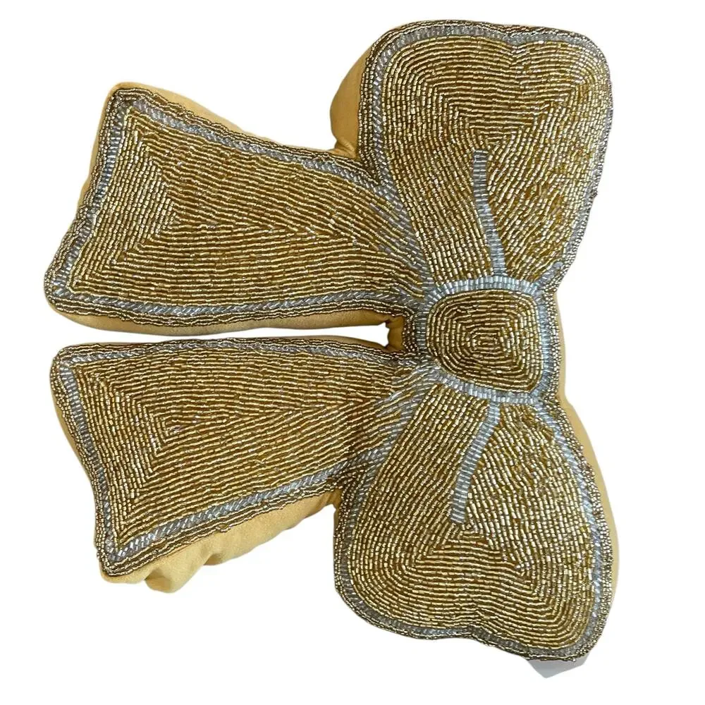 Glitz & Glimmer Beaded Gold Velvet Bow Pillow Holiday Glam Designer Decor New